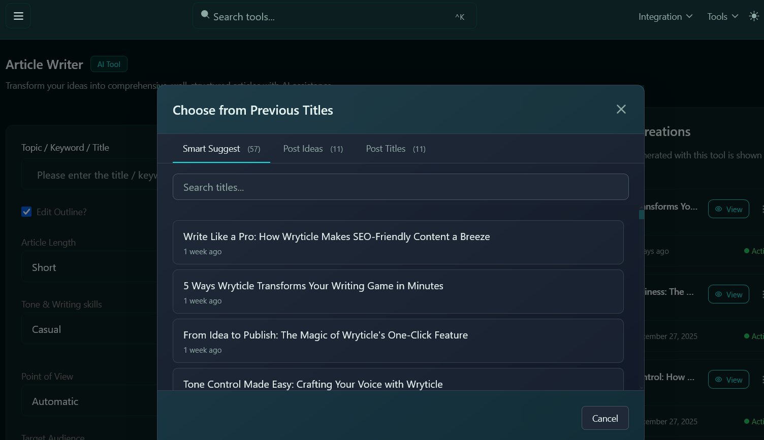 Wryticle Dashboard Screenshot